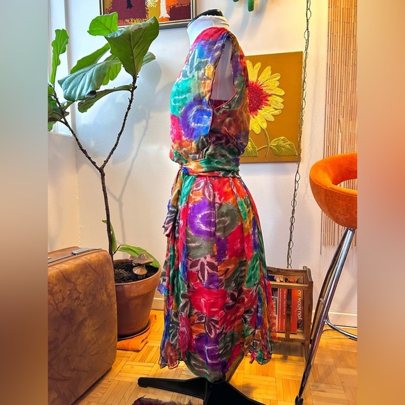 60s/70s Silk Rainbow Watercolor Floral Cocktail Party Dress - Picture 5 of 8